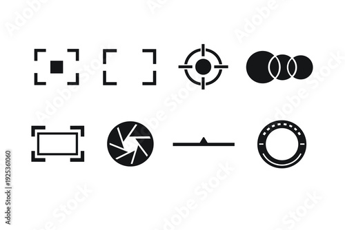 Minimalist black icons on white background for camera and photography concepts