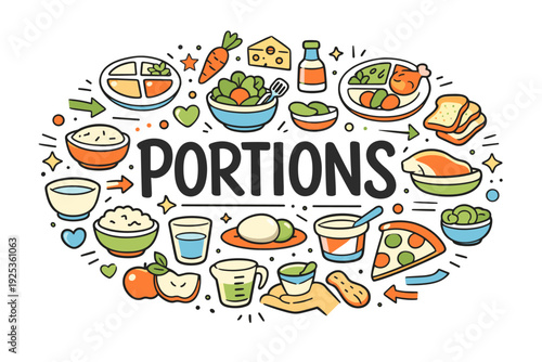 Colorful illustration of balanced food portions with various dishes and ingredients
