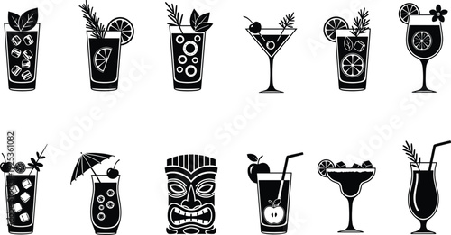 Tropical cocktail and beverage silhouette set with fruit garnishes glasses and tiki mask isolated vector illustration collection