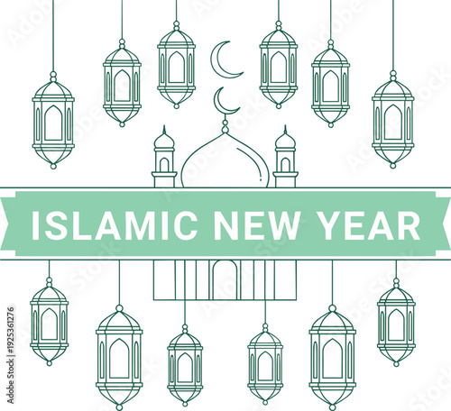 Islamic Festival Graphic Asset Bundle with Hijri Calendar Moon Balloon and Intricate Line Art Mosques