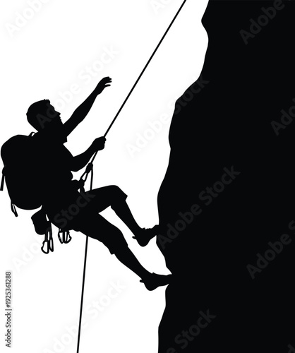 Rock climber silhouette rappelling down steep cliff with rope and harness, extreme mountaineering adventure concept, outdoor sport challenge illustration isolated on white background