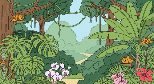 Tropical Jungle with Lush Foliage and Flowers.