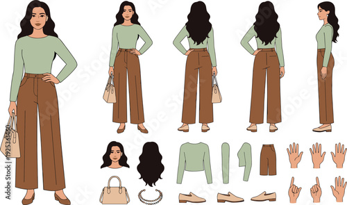 Business woman cartoon illustration, professional character design sheet customizable fashion attire gestures accessories vector artwork, workplace and lifestyle theme, isolated background