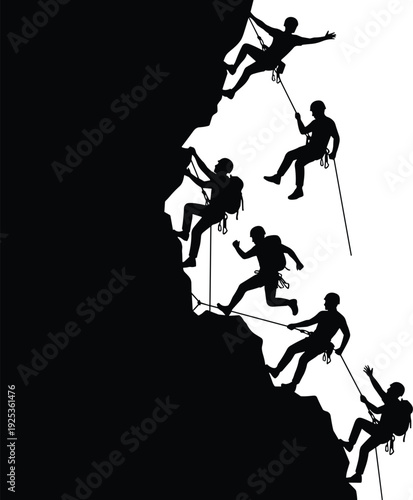 Rock climber silhouettes ascending steep cliff with ropes and harnesses, extreme mountaineering adventure concept, outdoor sport challenge, teamwork and determination illustration isolated
