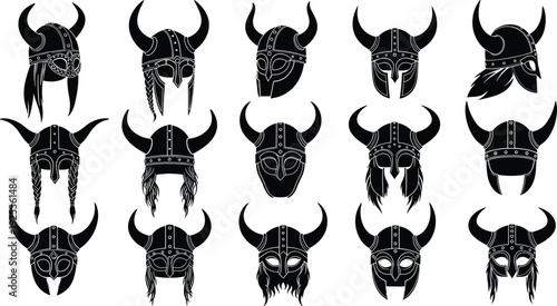 Collection of black viking helmet silhouettes featuring various horned barbarian headgear designs and nordic warrior masks isolated on white background