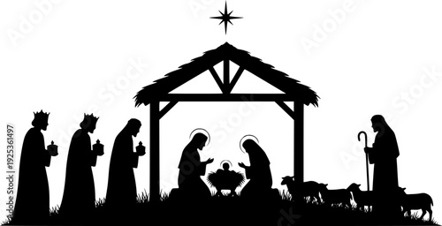 Nativity Scene silhouette vector art black color design and solid white background
