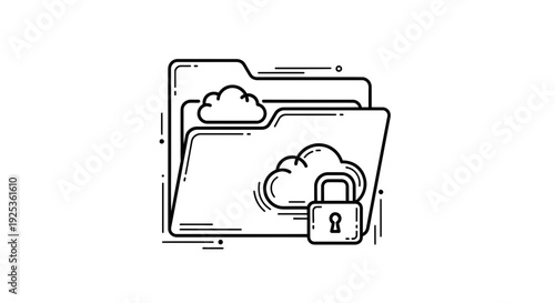 Cloud Storage Security Icon: Folder with Padlock and Clouds, Digital Data Protection Concept