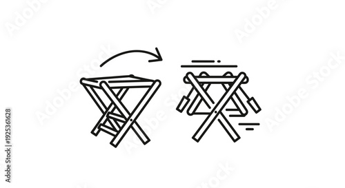 Collapsible Wooden Stool Icon: Folding and Unfolding Action