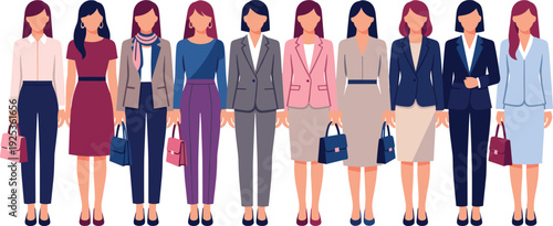 Business women illustration, professional fashion diversity workplace attire character design vector artwork, lifestyle and corporate theme, isolated background