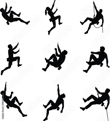 Rock climber silhouettes in dynamic rappelling and falling poses, extreme mountaineering adventure concept, outdoor sport action set, vertical climbing illustration isolated on white background