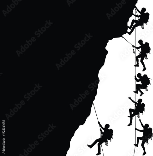 Rock climber silhouettes ascending steep cliff face with ropes and harnesses, extreme mountaineering adventure concept, outdoor sport challenge, teamwork and determination illustration isolated 