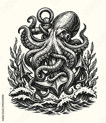 Kraken Octopus and Anchor Vector Illustration with Ocean Waves in Detailed Black and White Neo Traditional Tattoo Style