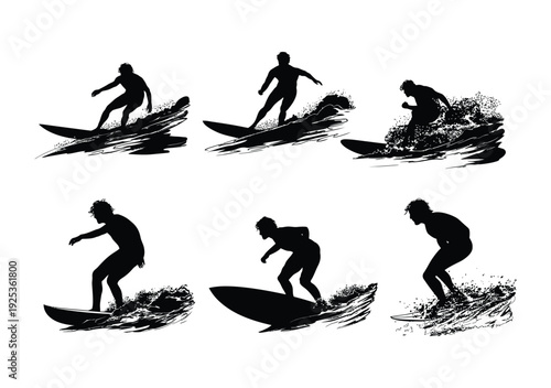 Surfing Silhouette Set Showing Surfer Riding Ocean Waves in Dynamic Action Poses