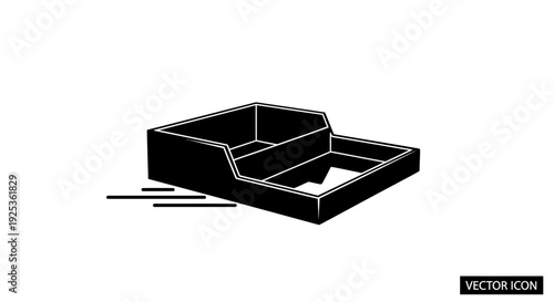 Black empty office tray for documents, papers, and mail. Simple vector icon.
