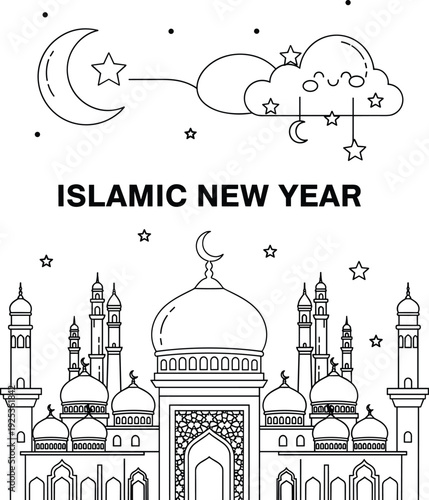 Islamic Educational Activity Bundle with Moon Sighting Telescope Explorer Detailed Mosque Coloring Pages and Ramadan Hijri New Year Line Art