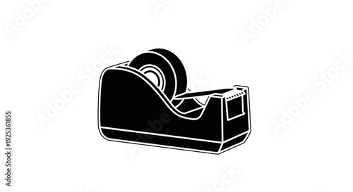 Black tape dispenser with roll of clear adhesive tape on white background, office supplies icon