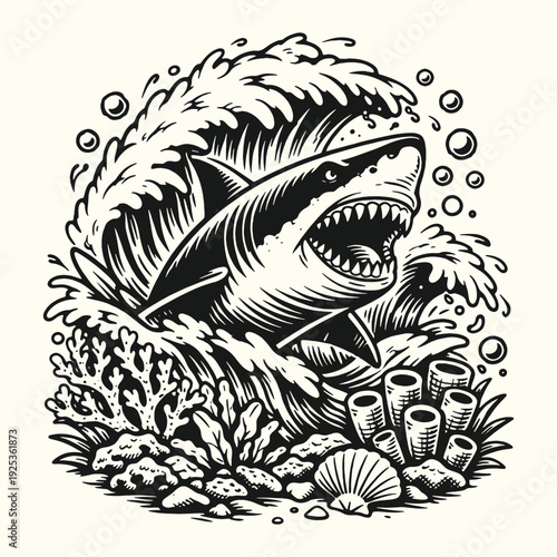 Great White Shark Vector Illustration with Ocean Waves and Coral in Detailed Black and White Neo Traditional Tattoo Style