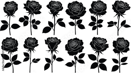 Collection of black rose silhouettes with long stems and detailed leaves representing love romance beauty garden flowers and floral elegance