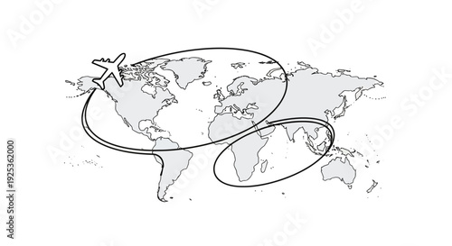 Airplane flying around the world map, global travel and tourism concept