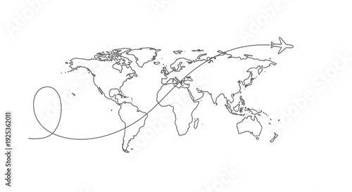 Airplane Flying Around World Map with Travel Route Line