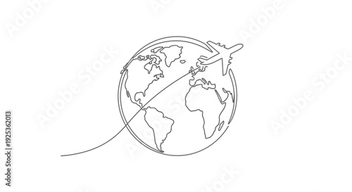 Airplane flying around the world, continuous line drawing, travel concept