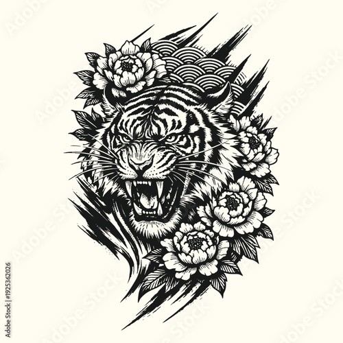 Neo Traditional Tiger Face Vector Illustration with Peony Flowers in Detailed Black and White Tattoo Style Engraving Art