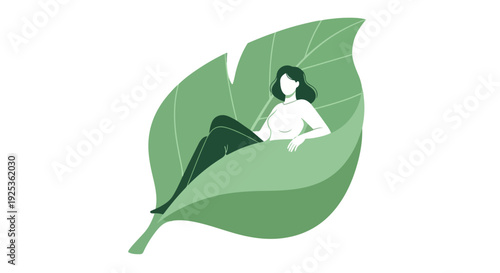 Illustration of a woman relaxing on a large green leaf against a white background with a calming and natural mood.