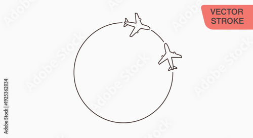 Airplane flying in circle path around globe, travel route concept