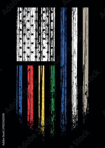 First Responder American Flag With Awareness Colors In Stars And Stripes. corrections, dispatchers, firefighters, emergency medical services, law enforcement, and military.