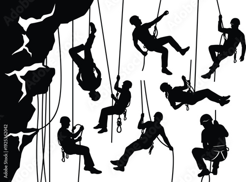 Rock climber silhouettes rappelling and ascending steep cliff with ropes and harnesses, extreme mountaineering adventure concept, outdoor sport action collection isolated on white background