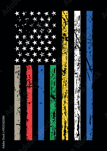 First Responder American Flag With Awareness Colors In Stars And Stripes. corrections, dispatchers, firefighters, emergency medical services, law enforcement, and military.