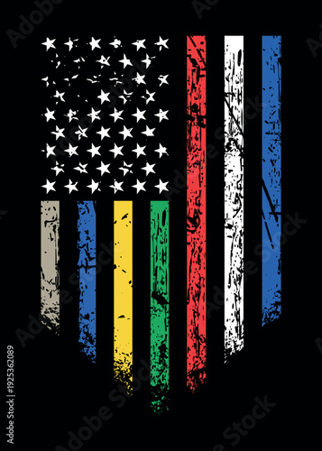 First Responder American Flag With Awareness Colors In Stars And Stripes. corrections, dispatchers, firefighters, emergency medical services, law enforcement, and military.