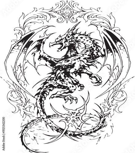  Emphasizes the "crest-like" composition of the design and the aggressive, menacing posture of the creature