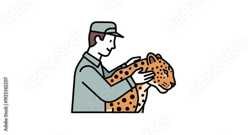 Zookeeper petting a leopard, animal care, wildlife conservation, friendly interaction