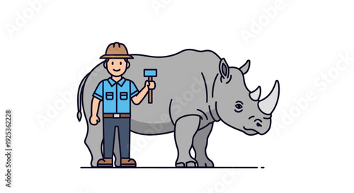 Zookeeper with Rhino, Wildlife Conservationist Holding Tool, Safari Park Animal Care