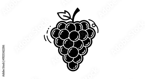 Stylized Black and White Icon of a Bunch of Grapes with Leaves