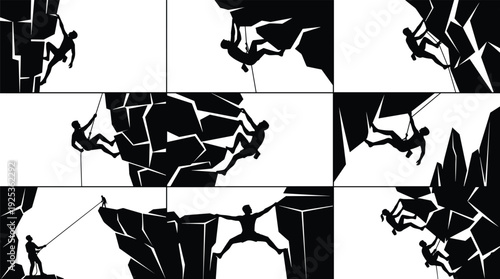 Rock climbing silhouettes collection with climbers on steep cliffs and overhangs, extreme mountaineering adventure set, outdoor sport challenge, rappelling and bouldering illustration isolated 