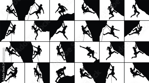Rock climbing silhouettes set featuring climbers on overhang cliffs and vertical walls, extreme mountaineering adventure collection, outdoor sport action poses isolated on white background