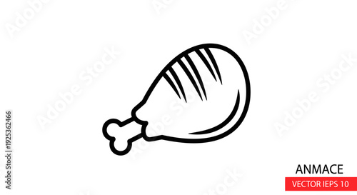 Simple Line Art Icon of a Cooked Chicken Leg, Isolated on White Background