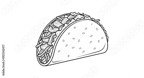 Taco illustration, line art, black and white drawing of a taco with filling