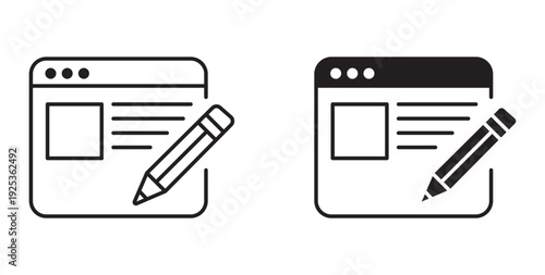 Website edit icon set, web page design symbol, content writing and publishing sign, online editor vector illustration