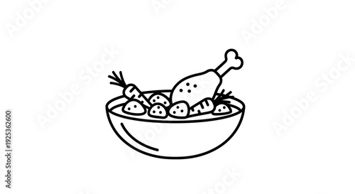 Simple Line Drawing of a Bowl of Chicken Soup with Vegetables and Carrots