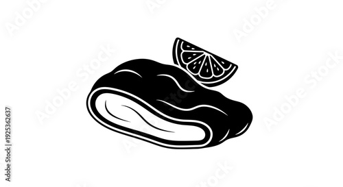 Oyster with Lemon Slice Icon, Black and White Vector Illustration