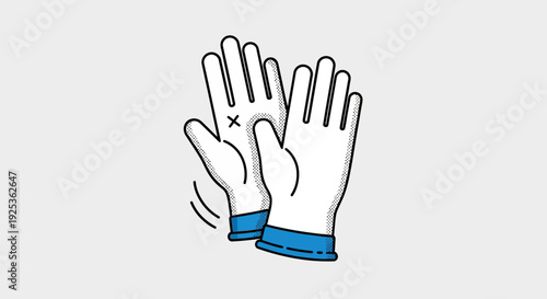 Pair of white gloves with blue cuffs, one with an 'X' mark, suggesting protection or caution.