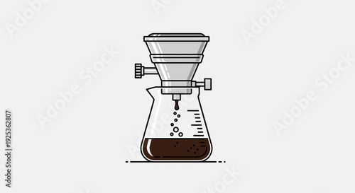 Pour Over Coffee Maker Dripping into Beaker, Minimalist Line Art Illustration