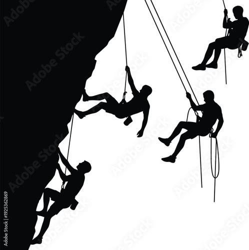 Rock climbing silhouettes with climbers ascending and rappelling on steep cliff, extreme mountaineering adventure concept, outdoor sport action illustration isolated on white background