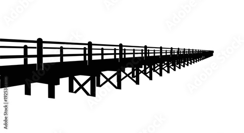 Long Wooden Pier Silhouette Extending into Distance, Isolated on White Background