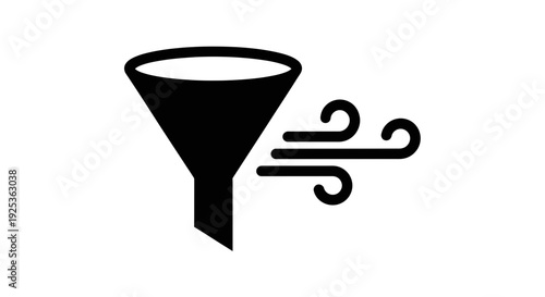 Funnel with wind or air flow icon, symbol for filtering, separation, or process