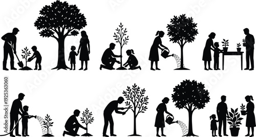 Tree planting and gardening family silhouettes showing plant growth stages from seedling to mature tree, environmental conservation concept, sustainable living and nature care illustration