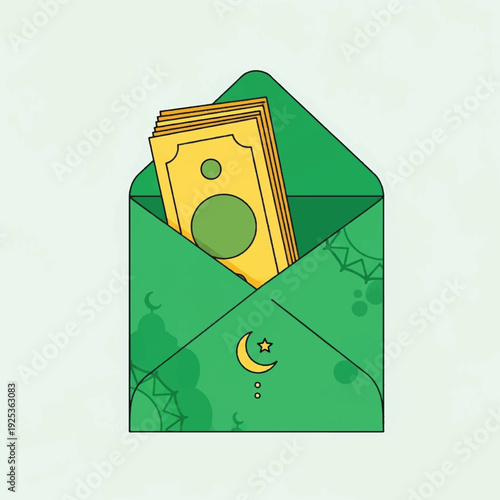 Green envelope with yellow money inside.